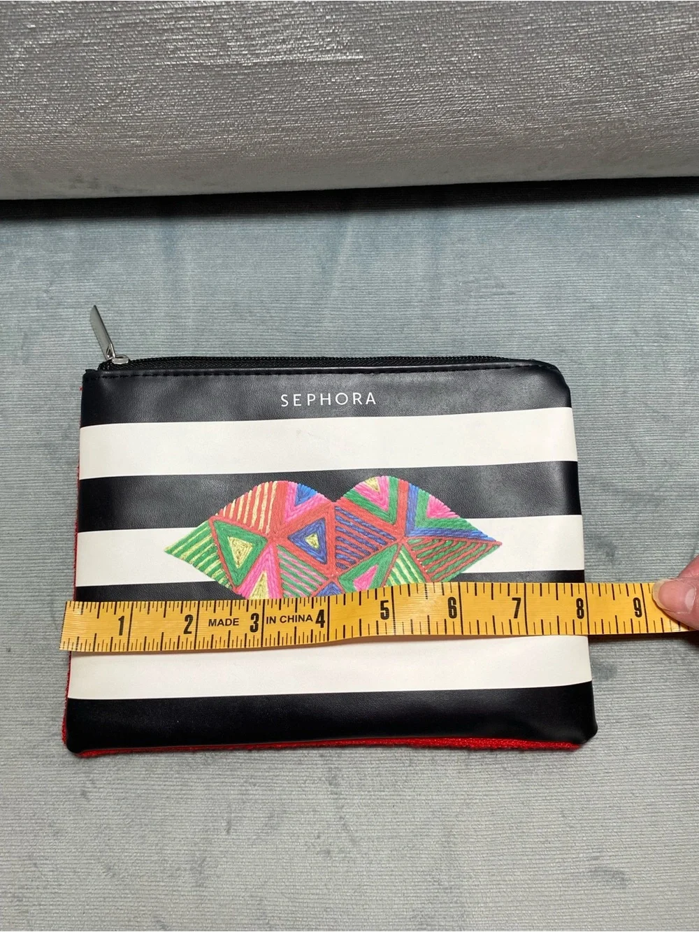 Sephora Striped Pouch with Colorful Embroidered Lip and 4 travel cosmetics